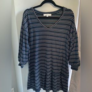 Navy patterned Loft Petites dress.